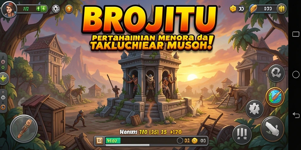 Tampilan gameplay mendebarkan di BROJITU saat mempertahankan menara.