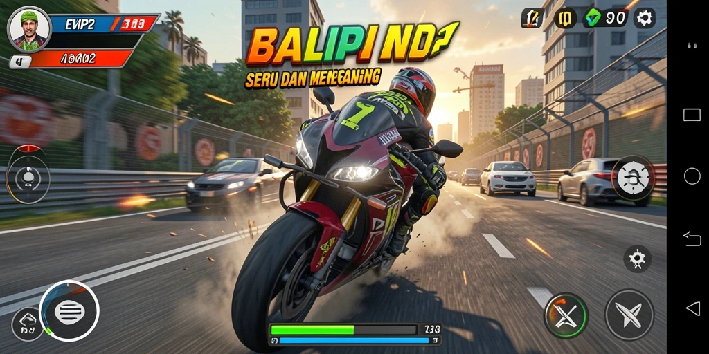 Screenshot gameplay EVIP2 menampilkan aksi balapan motor yang mendebarkan.