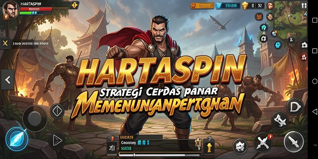 Screenshot utama HARTASPIN dengan tampilan penuh aksi strategi di arena.