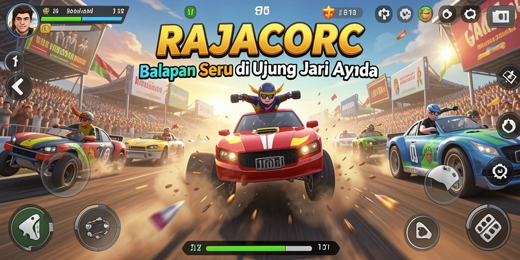 Tampilan gameplay RAJACORC dengan mobil balap mendebarkan.